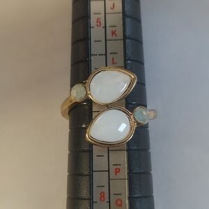 Gold Tone Bypass Ring White Teardrop Faux Stones